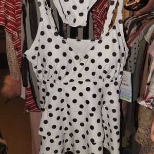 New! 2 Pc Tankini Swim Suit Three Tier Polka Dot Ruffle in Black & White